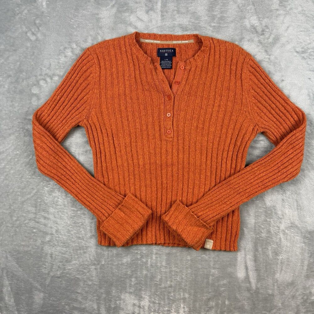 Vintage Nautica Jeans Company Ribbed Henley Sweater Women’s Large Orange